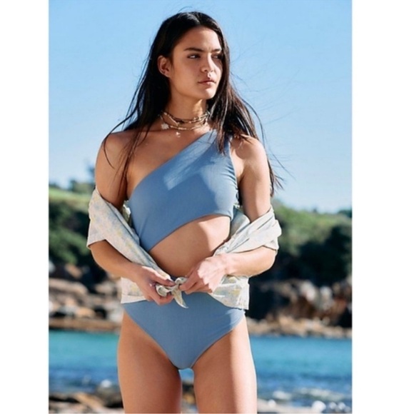 New Free People Beach Riot Celine One Piece Swim Suit Ribbed Blue Grey XL - Picture 1 of 9